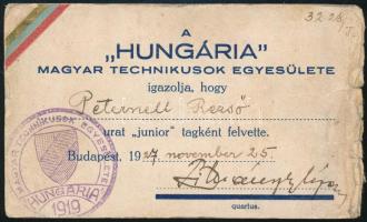 1927 Bp., A "Hungária" Magyar Technikusok Egyesülete junior tag igazolvány, viseltes állapotban