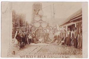 1906 Lippa, Lipova; Weszely Béla hordógyára (saját házában), hátsó udvar, faraktár, munkások magyar zászlóval / barrel factory with workers, timber yard, Hungarian flag. photo