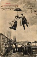 1904 Buziás-fürdő, Baile Buzias; Gyógykezelés utáni haza indulás. Humoros montázs esernyős repülő úriemberrel / Going home after the treatment. Montage with gentleman flying with an umbrella, humour (kis szakadás / small tear)