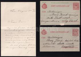 1900-1914-1915 Dr. Bary József (1858-1915) törvényszéki elnök/kúriai bíró, a tiszaeszlári vérvádper vizsgálóbírója részére szóló 2 db levelezőlap, és 1 db levél, különféle személyektől.