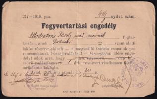 1919 Fegyvertartási engedély Arad francia megszállása alatt