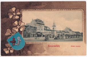 1902 Marosvásárhely, Targu Mures; Fő tér, piac, Petrás Géza, Hart Géza, Schwartz János és József Emil üzlete. Holbach Ede kiadása, szecessziós litho keret címerrel / main square, market, shops. Art Nouveau litho, coat of arms (EK)