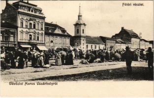 Marosvásárhely, Targu Mures; Fő tér, Petrás Géza, Szalmásy Gyula, Hary Géza, Schwartz János és József Emil üzlete, piac. Porjes S. Sándor kiadása / main square, shops