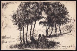 Varga Nándor Lajos (1895-1978): Pár az erdőben, rézkarc, papír, jelzett a karcon, körbevágva, 10,5×15 cm