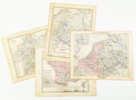 cca 1870 4 db térkép, rajta Németország, Hollandia és Belgium, Európai Oroszország, Franciaország, firkáltak, 21x27 cm és 20x24 cm közötti méretben