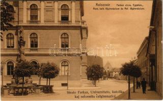 Kolozsvár, Cluj; Farkas utca, Egyetem, Római katolikus főgimnázium és Református főgimnázium. Stief kiadása / street view, university, Catholic school, Calvinist school