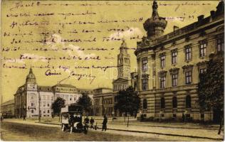 1919 Arad, Kossuth Lajos tér, emeletes autóbusz / square, double decker autobus + "PETROZSÉNY-PISKI 128" vasúti mozgóposta (EK)