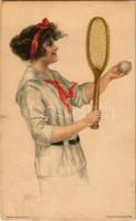1920 Teniszező hölgy / Lady with tennis racket, sport. American Girl No. 73. (EK)