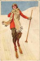 Síelő hölgy, téli sport / Italian lady art postcard, skiing, winter sport. Anna & Gasparini 474-1. (Rb)