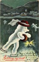 1937 Boldog új évet! Korcsolyázó hóember / New Year greeting, snowman is ice skating. Raphael Tuck & Sons Oilette Serie 555. (kopott sarkak / worn corners)