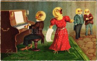 1931 Kellemes húsvéti ünnepeket! Csibe zene zongorával / Easter greeting, chicken music with piano. litho (EK)