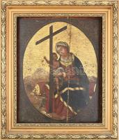 Antik ikon: Mária a gyermekkel. Kézzel festett fa. Erősen, sérült, kopott, restaurált, félbetört állapotban. 42x34 cm