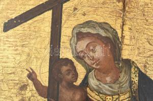 Antik ikon: Mária a gyermekkel. Kézzel festett fa. Erősen, sérült, kopott, restaurált, félbetört áll...