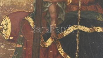 Antik ikon: Mária a gyermekkel. Kézzel festett fa. Erősen, sérült, kopott, restaurált, félbetört áll...