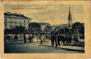 Temesvár, Timisoara; Belváros, Jenő herceg tér, Rukavina emlékmű, Takarékpénztár / square, savings bank, monument (EK)