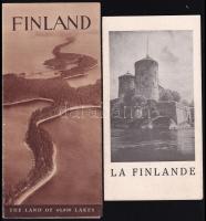 cca 1930 Finnország prospektusok, 2 db:   Finland. The land of 60,000 lakes. Helsinki, Otava Publishing, gazdag fekete-fehér képanyaggal illusztrált, angol nyelven.;   La Finlande. Francia nyelvű prospektus, fekete-fehér képanyaggal. Helsinki, 1930., Valtioneuvoston Kirjapaino.;