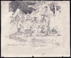 Márton Ferenc (1884-1940): 1933 Gödöllői Jamboree - észt cserkész tábor. Ceruza, papír, jelzett, / Scout Jamboree 1933. Gödöllő, Estonian scouts. Pencil drawing 25x21 cm