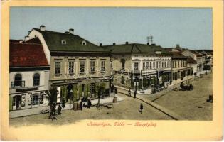 1917 Szászrégen, Reghin; Fő tér, Friedrich Gross, Friedrich Zintz & Comp. üzlete. Rudolf Burghardt kiadása / main square, shops (EK)