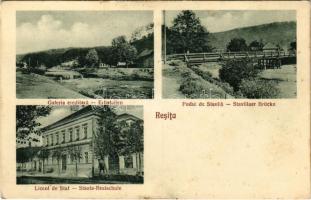 Resicabánya, Resicza, Recita, Resita; Galeria ereditara, Podul de Stavila, Liceul de Stat / Erbstollen, Stavillaer Brücke, Staats-Realschule / híd, állami gimnázium / bridge, grammar school