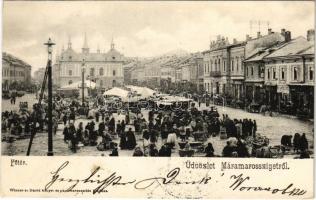 Máramarossziget, Sighet, Sighetu Marmatiei; Fő tér és piac, árusok, Angol bolt, üzletek. Wizner és Dávid kiadása / main square, market, shops