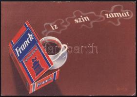 1947 Franck cikóriakávé reklámlap, Macskássy Gyula (1912-1971) grafikus illusztrációja, jelzett, hátoldalán "Szívélyes üdvözlet a budapesti árumintavásárról" nyomtatott felirattal és Budapesti Őszi Vásár bélyegzővel, Klösz György, ofszet, 9,5x13,5 cm