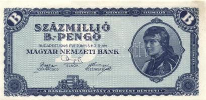 1946. 100.000.000BP T:II+ Csak egyszer hajtva, törve nem!