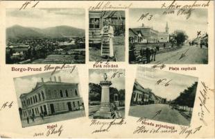 Borgóprund, Borgó-Prund, Prundu Bargaului; szálloda, román népviselet, Fő tér és utca, szobor / hotel, Romanian folklore, main square and street, monument (ázott / wet damage)