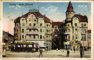 1937 Nagyvárad, Oradea; Hotel Metropol szálloda, villamos Remington írógép reklámmal, Fekete Sas nagyszálloda, mozi, drogéria, üzletek. Sipos és Reich kiadása / hotel, tram with typewriter advertisement, cinema, drugstore, shops (szakadás / tear)