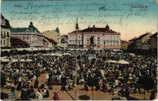 1916 Arad, Szabadság tér, piac, Limbeck János és Fia üzlete. Vasúti levelezőlapárusítás 48. sz. 1915. / square, market, shops (EK)