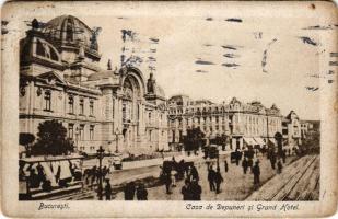 1923 Bucharest, Bukarest, Bucuresti, Bucuresci; Casa de Depuneri si Grand Hotel / street view, hotel, horse-drawn tram (EM)
