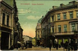 1912 Bucharest, Bukarest, Bucuresti, Bucuresci; Strada Academiei / street view, horse-drawn tram, Hotel Union, shops (EK)