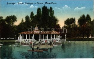 Bucharest, Bukarest, Bucuresti, Bucuresci; Parcul Cismegiu si Insula Monte-Carlo / park, lake, rowing boats, restaurant and café
