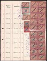 Bécs 1920 Értékpapír forgalmi napló lapja 723,60K értékű értékpapír forgalmi adóbélyeggel
