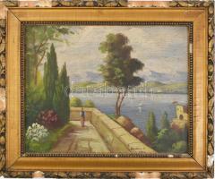 Szalai S. jelzéssel: Mediterrán táj. Olaj, rétegelt falemez, sérült keretben, 33x43 cm