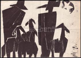 Kunt Ernő (1920-1994): Pásztorok (Cím nélkül). Linómetszet, papír. Jelzés nélkül. Hajtásnyomokkal. 20,5x29,5 cm