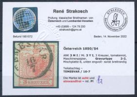 1850 3kr type MP Ib, Gravurtype 2-2, tomato red "TEMESVÁR" Certificate: Strakosch 1850 3kr...