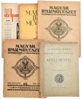 5 db művészeti folyóirat: 1896 Az Országos Magyar Képzőművészeti Társulat közleményei 1896. évre + 1928 Magyar Iparművészet XXXI. évf. 5-6. és 9. sz. + 1936 Magyar Iparművészet XXIX. évf. 1. sz. + 1939 Az Iparművész X. évf. 9-10. sz. Vegyes állapotban.