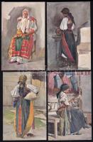 cca 1900-1940 4 db Edvi Illés Aladár (1870-1958) akvarelljei után készült erdélyi témájú, népviseletei témájú reprodukciók, jelzett a reprodukción, törésnyommal, 14x9 cm.