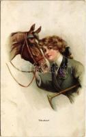 Vollblut / Tellivér ló és hölgy / Horse and lady. A.R. & C.i.B. 424. litho