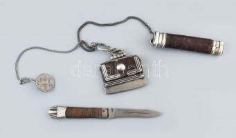 Mongol kés, ezüst (Ag) végű markolattal, ezüstveretes bőr hüvellyel, h: 21 cm, rajta ezüst lánc, fenőköves bőr tarsollyal + 1925-ös Tugrik ezüst érme