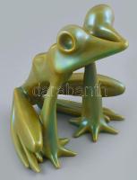 Zsolnay selyemfényű, eozinmázas béka. Nádor Judit (1934-2016) terve. Jelzett, 1980 körül, Pécs, minimális lepattanással egyik ujja alatt, álló helyzetben nem látszik, m: 16 cm