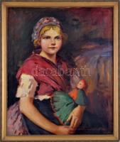 Bendéné Kovacsev Friderika (1891-1975): Kislány babával. Olaj, vászon, jelezve jobbra lent. 60x50 cm. Dekoratív fakeretben.