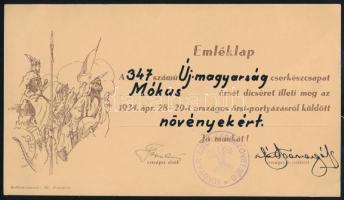 1934 Az Új Magyarország cserkészcsapat részére kiállított dekoratív emléklap, pecsételve, Papp Antal országos elnök aláírásával, szép állapotban
