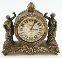 Japán asztali óra, mechanikus szerkezettel, működik, bronz, figurális tokban, kopott, m: 15 cm