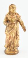 Antik egyházi szobor, laparanyozott fa, kopásokkal, ragasztott kéz, m: 21 cm