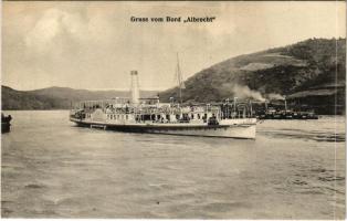 Gruss vom Bord Albrecht DDSG / DGT ALBRECHT oldalkerekes gőzhajója. M.G. kiadása (Orsova) / Hungarian passenger steamship (fl)