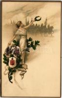 1916 WWI German and Austro-Hungarian K.u.K. military art postcard, Viribus Unitis, patriotic propaganda with coats of arms. Art Nouveau, litho (EK)