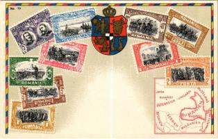 Román bélyegek és címer térképpel / Romanian stamps and coat of arms with map. Carte philatelique Ottmar Zieher No. 79. Art Nouveau, litho