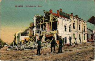 Belgrade, Belgrád, Beograd; Zerschossene Häuser / WWI Austro-Hungarian K.u.K. military, soldiers with destroyed houses. Verlag Salomon Meschulam (worn corners)