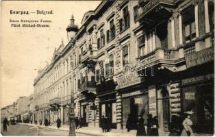 Belgrade, Belgrád, Beograd; Fürst Michael-Strasse / street view, shops (tear)